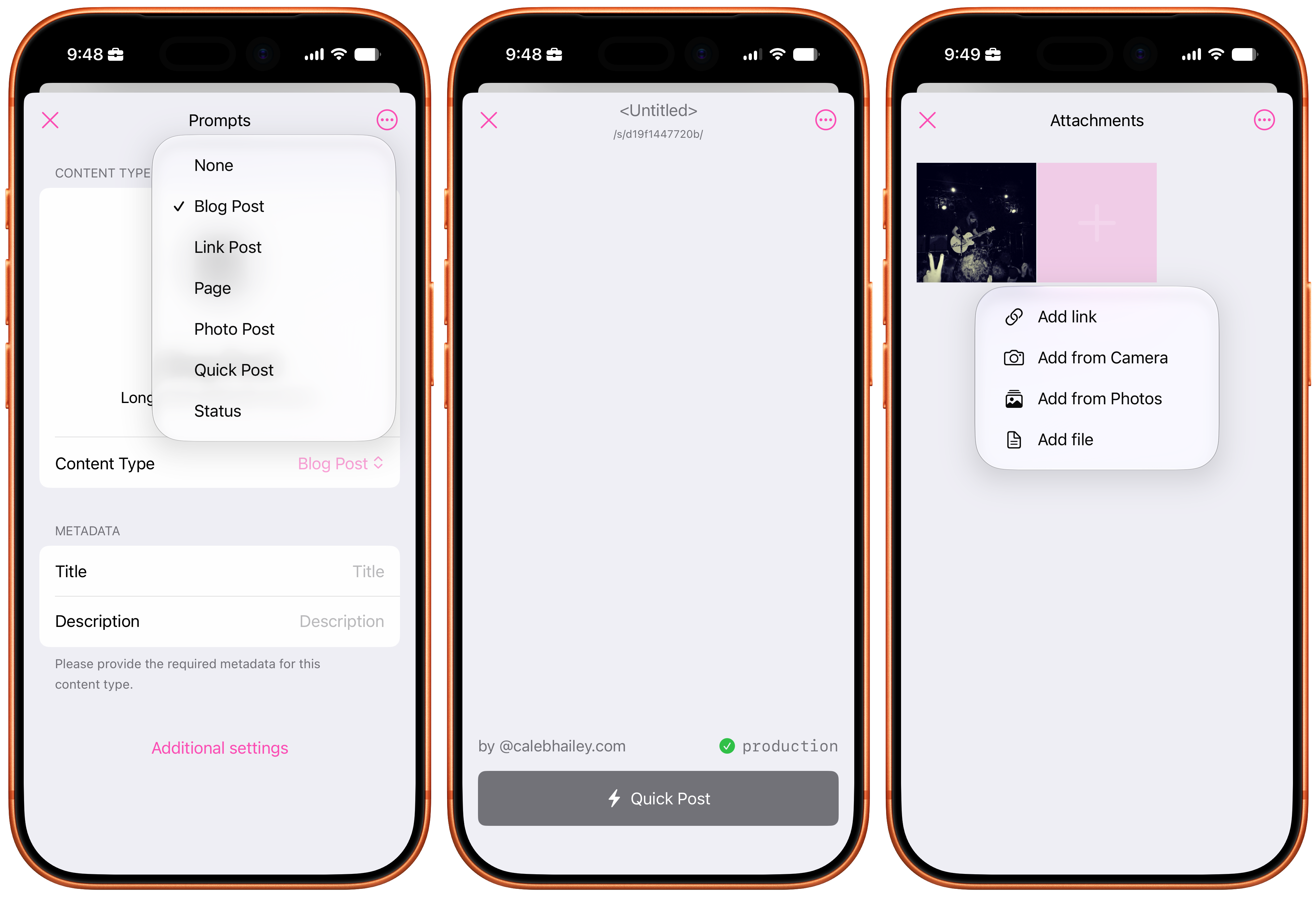 The HyperTemplates Composer opens in content mode (middle). Swipe left for content types, and swipe right to add attachments.
